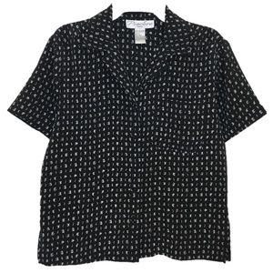 Vintage Piacere Abstract Doodle Print Short Sleeve Button Down Blouse